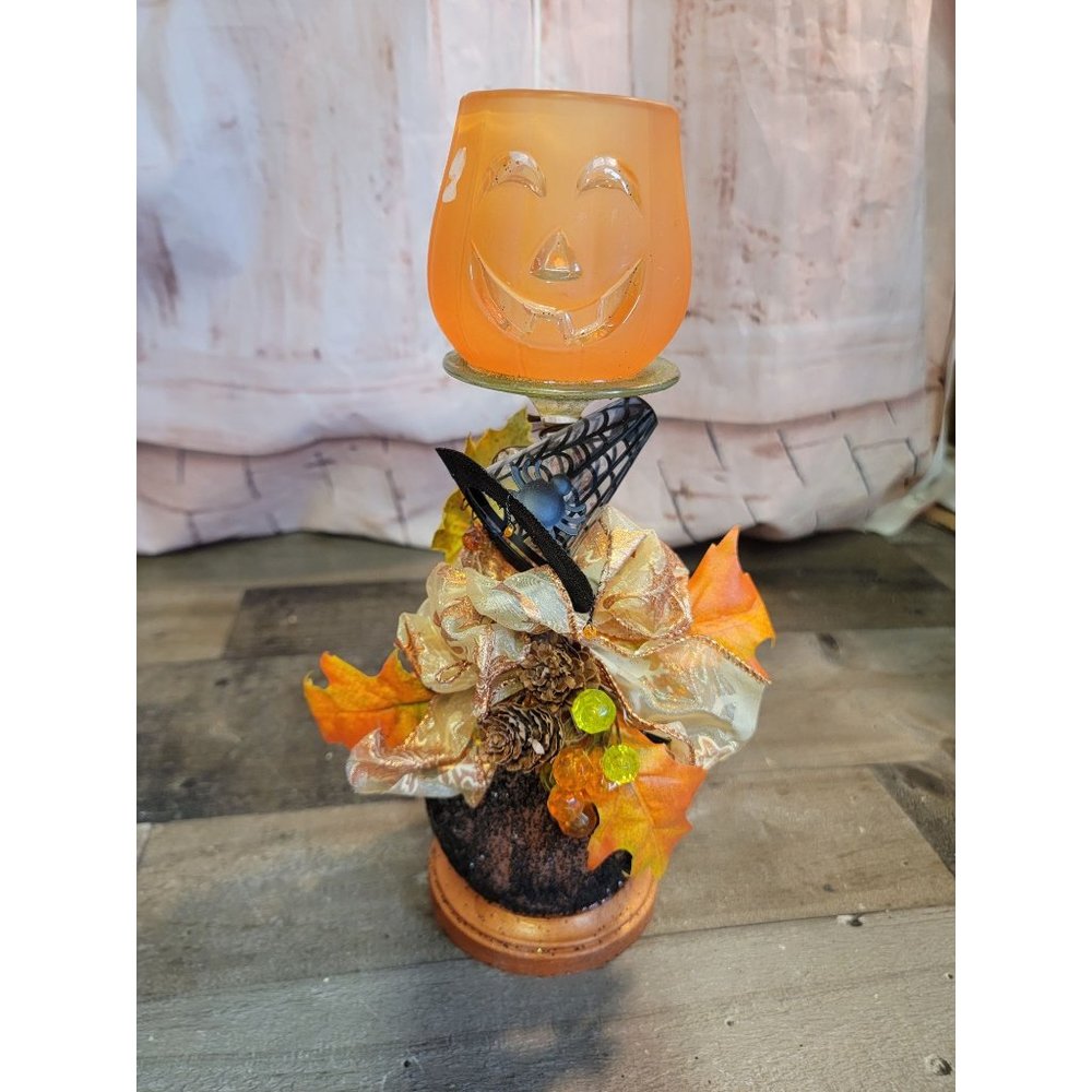 Tealight Pumpkin Halloween AS IS candle stand witch Hat glitter leaf fall decor